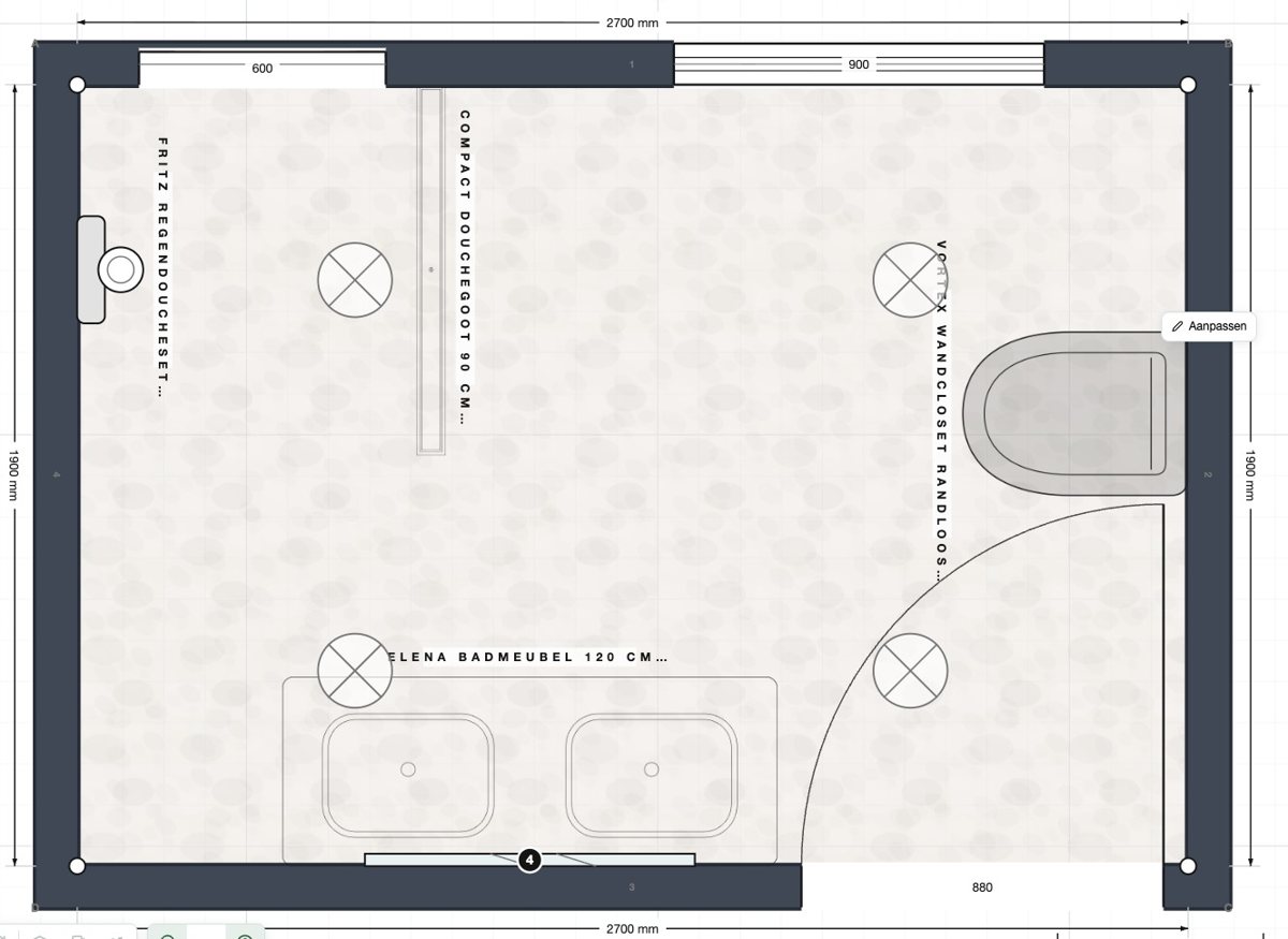 Plattegrond van een badkamer met maten, getekend in Woonklasse 3D